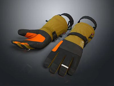 Yellow And Black Outdoor Work Gloves With Orange Accents And Adjustable Straps 3d model