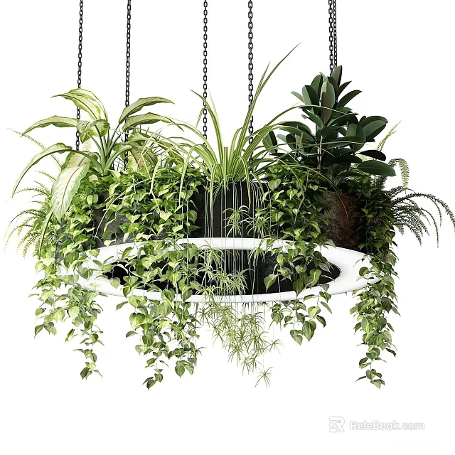 Stylish Circular Chandelier Featuring Hanging Green Plants And Foliage 3d model 