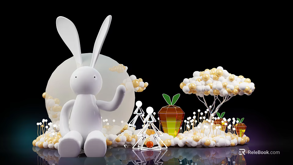 Whimsical Decorative Setup Featuring White Rabbit Round Moon Yellow Flowers And Carrot Accents 3d model 