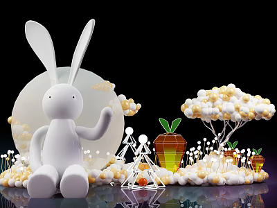 Whimsical Decorative Setup Featuring White Rabbit Round Moon Yellow Flowers And Carrot Accents 3d model