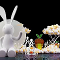 Whimsical Decorative Setup Featuring White Rabbit Round Moon Yellow Flowers And Carrot Accents