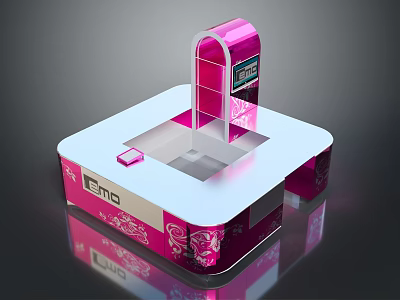 Stylish Pink And White Exhibition Stand Furniture With Floral Patterns And EMO Logo 3d model