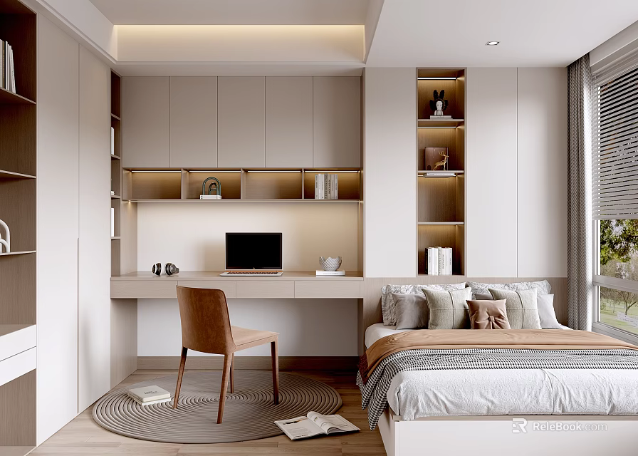 Modern Tatami Bedroom Interior With Built in Cabinets Desk Storage Shelves And Natural Light 3d model 