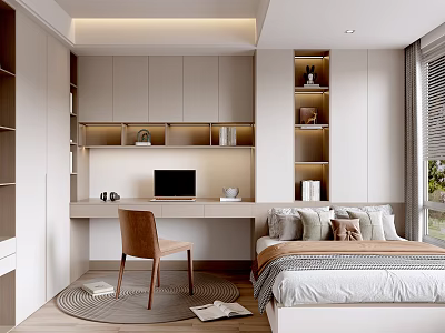 Modern Tatami Bedroom Interior With Built in Cabinets Desk Storage Shelves And Natural Light 3d model