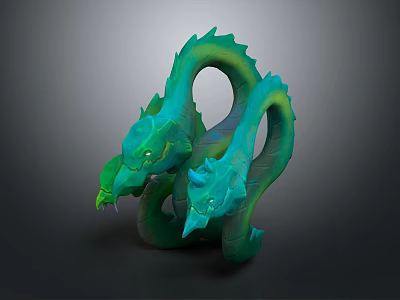 Green And Blue Two Headed Dragon Sculpture With Glowing Eyes And Coiled Body 3d model