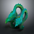Green And Blue Two Headed Dragon Sculpture With Glowing Eyes And Coiled Body