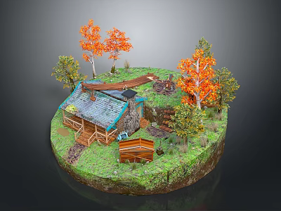 Miniature Natural Landscape With Log Cabin Orange Green Trees Wooden Bridge And Grass 3d model
