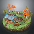 Miniature Natural Landscape With Log Cabin Orange Green Trees Wooden Bridge And Grass