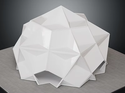White Three Dimensional Geometric Polyhedral Sculpture With Smooth Surfaces On Gray Platform 3d model