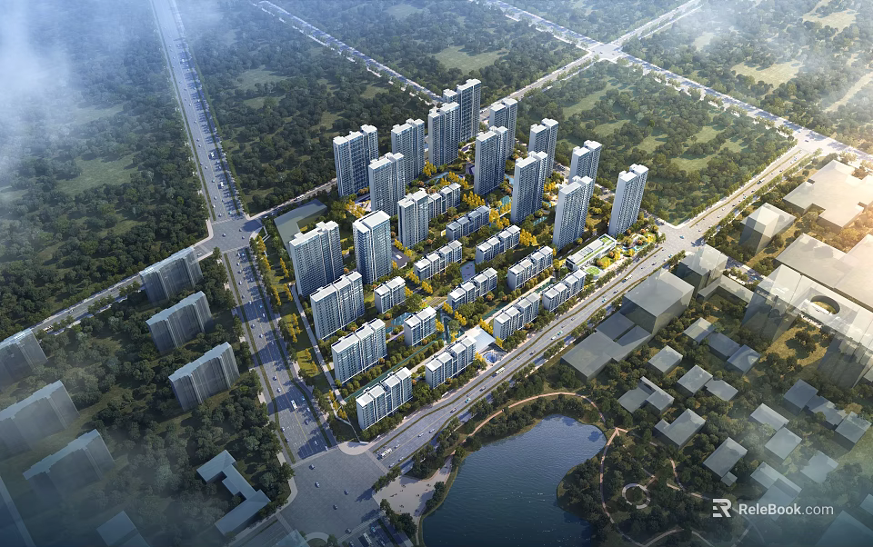 Aerial View Planning of Modern Residential Area with High Rise Buildings Green Spaces Road Network and Lake 3d model 