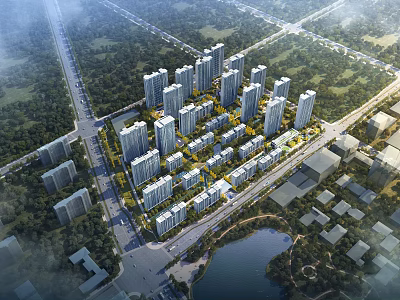 Aerial View Planning of Modern Residential Area with High Rise Buildings Green Spaces Road Network and Lake 3d model