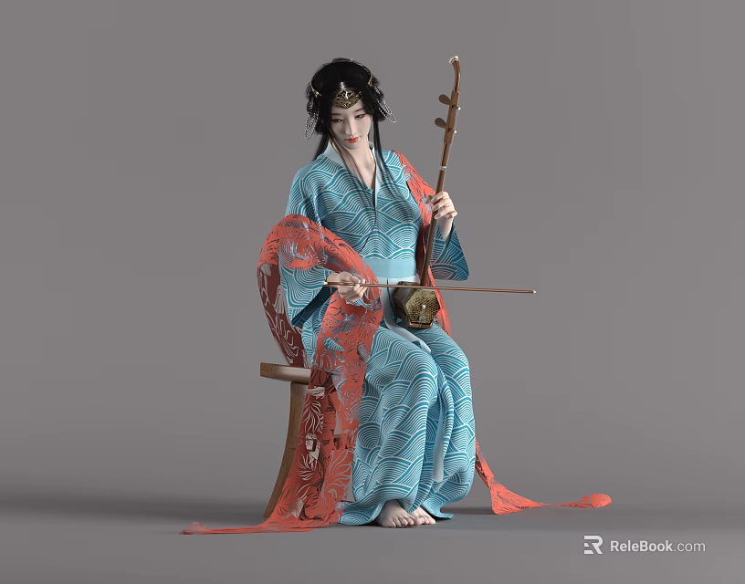 Woman in blue red traditional costume playing elegant musical instrument sitting on wooden chair 3d model 