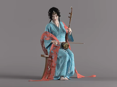 Woman in blue red traditional costume playing elegant musical instrument sitting on wooden chair 3d model