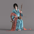 Woman in blue red traditional costume playing elegant musical instrument sitting on wooden chair