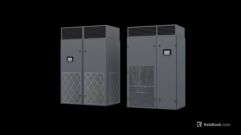 Gray Industrial Equipment Cabinets With Ventilation Grilles And Control Display Panels 3d model 