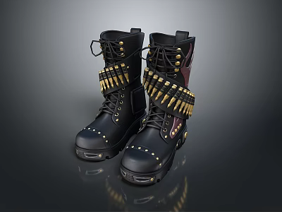Black Lace Up Military Style Boots With Bullet Belt Decorations And Thick Soles 3d model
