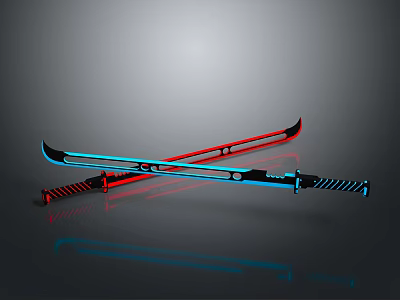 Crossed Blue And Red Swords With Glowing Blades And Black Striped Handles 3d model