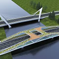 Modern Cable Stayed Bridge Over River With Traffic Lanes Green Trees And Grass 3d model