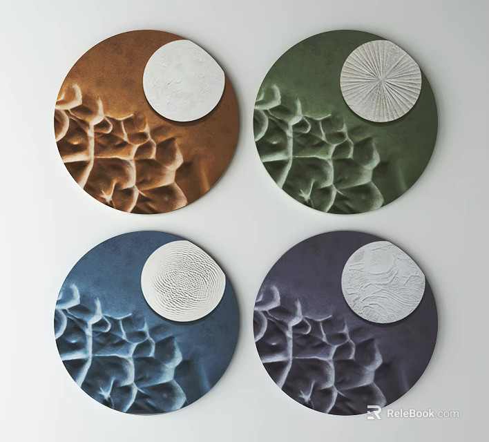 Four Round Framed Paintings With Brown Green Blue Purple Textured Patterns And Small Circular Accents 3d model 