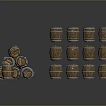 Vintage Wooden Barrels Display With Pyramid Stack And Neatly Arranged Rows
