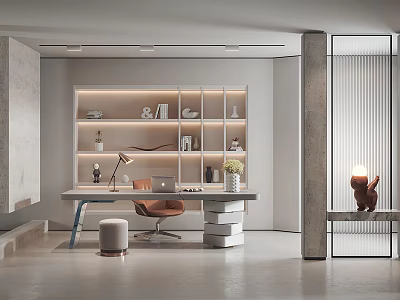 Modern Study Room Interior Design With Lighted Bookshelf Desk Chair And Table Lamp 3d model