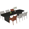 Modern Rectangular Dark Table With Light Gray And Brown Leather Chairs Fruit Bowl And Plant 3d model