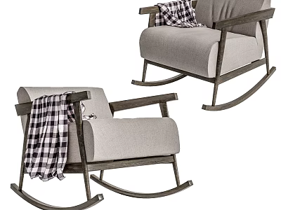 Gray Rocking Chairs With Wooden Armrests And Black White Checkered Blanket 3d model