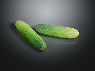 Fresh Green Cucumbers With Vibrant Skin On Dark Reflective Surface 3d model