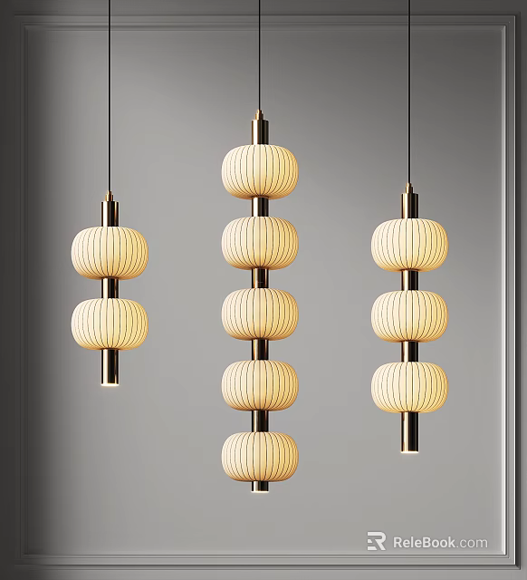 Modern Lantern Shaped Pendant Lights With Beige Fabric Shades And Metal Frames 3d model 