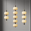 Modern Lantern Shaped Pendant Lights With Beige Fabric Shades And Metal Frames