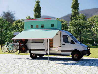 White Van With Green Rooftop Structure And Awning In Outdoor Setting With Trees And Grass 3d model