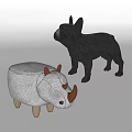 Gray Rhinoceros Shaped Stool With Brown Horns And French Bulldog Figurine