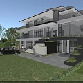 Modern Detached Villa With Large Glass Windows Balconies And Green Lawn Surroundings
