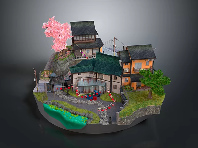Cartoon Style Japanese Village Scene With Cherry Blossom Tree Small River And Stone Path 3d model