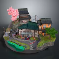 Cartoon Style Japanese Village Scene With Cherry Blossom Tree Small River And Stone Path