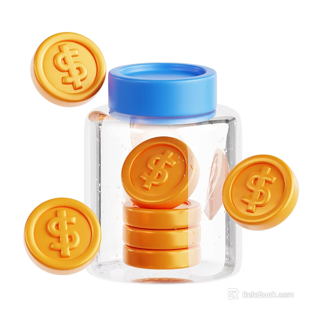 Decorative Ornament Set Featuring Transparent Jar With Blue Lid And Gold Dollar Coins 3d model 