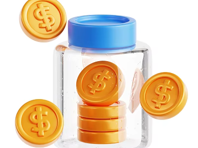 Decorative Ornament Set Featuring Transparent Jar With Blue Lid And Gold Dollar Coins 3d model