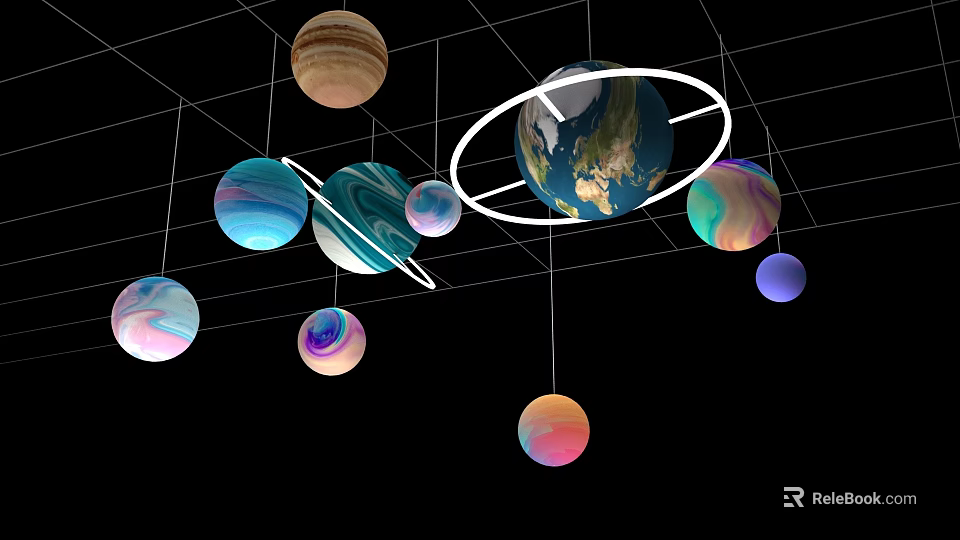 Interactive Zone Displaying Colorful Hanging Solar System Planets In Grid Structure 3d model
