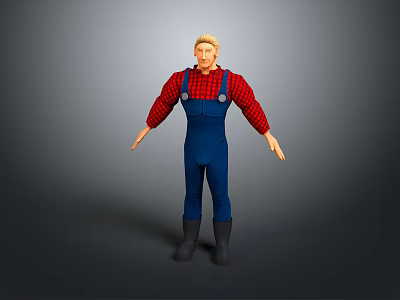 Man Standing With Arms Outstretched In Red Plaid Shirt And Blue Overalls 3d model