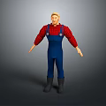 Man Standing With Arms Outstretched In Red Plaid Shirt And Blue Overalls