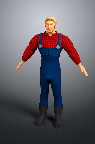 Man Standing With Arms Outstretched In Red Plaid Shirt And Blue Overalls 3d model Man Standing With Arms Outstretched In Red Plaid Shirt And Blue Overalls 3d model
