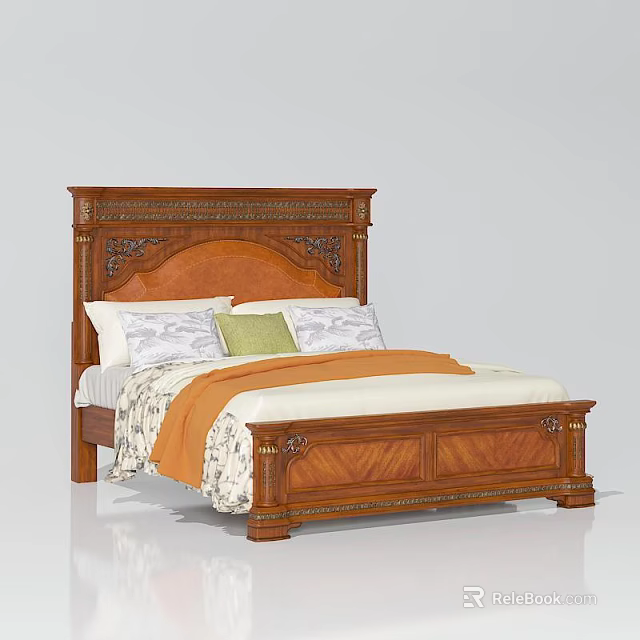Classic Wooden Double Bed with Intricately Carved Headboard Patterned Pillows and Orange Blanket 3d model 