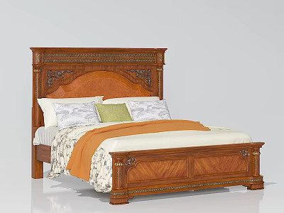 Classic Wooden Double Bed with Intricately Carved Headboard Patterned Pillows and Orange Blanket 3d model
