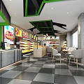 Modern Green And Black Fruit Store Interior With Refrigerated Counters Tables Chairs Counter And Billboards