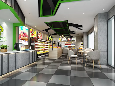 Modern Green And Black Fruit Store Interior With Refrigerated Counters Tables Chairs Counter And Billboards 3d model