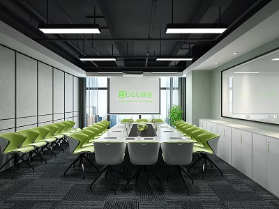 Modern Conference Room With Long Table Green Chairs Projection Screen And Windows 3d model