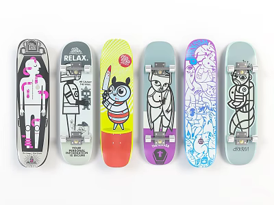 Unique Colorful Skateboards With Various Cartoon Characters And Creative Text Designs 3d model