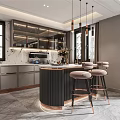 Modern Kitchen Interior With Gray Cabinets Island Counter Pendant Lights And Bar Stools