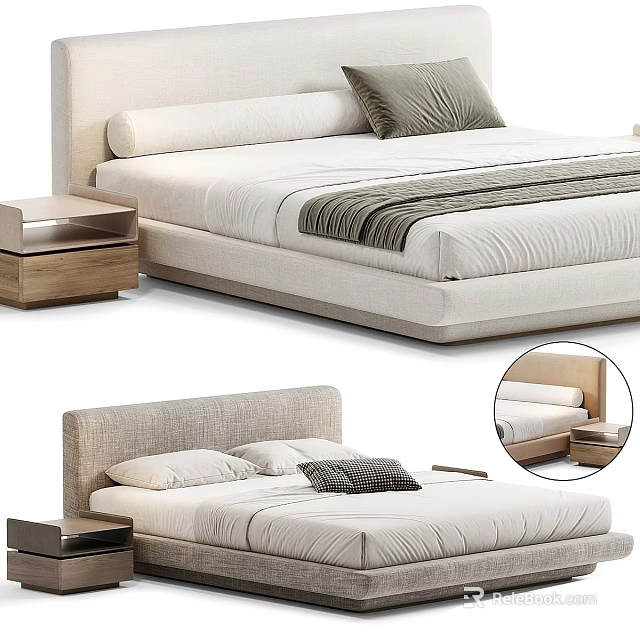 Modern Double Bed Bedroom Interior With Fabric Headboard Wooden Nightstand And Decorative Pillows 3d model 