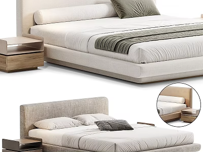 Modern Double Bed Bedroom Interior With Fabric Headboard Wooden Nightstand And Decorative Pillows 3d model